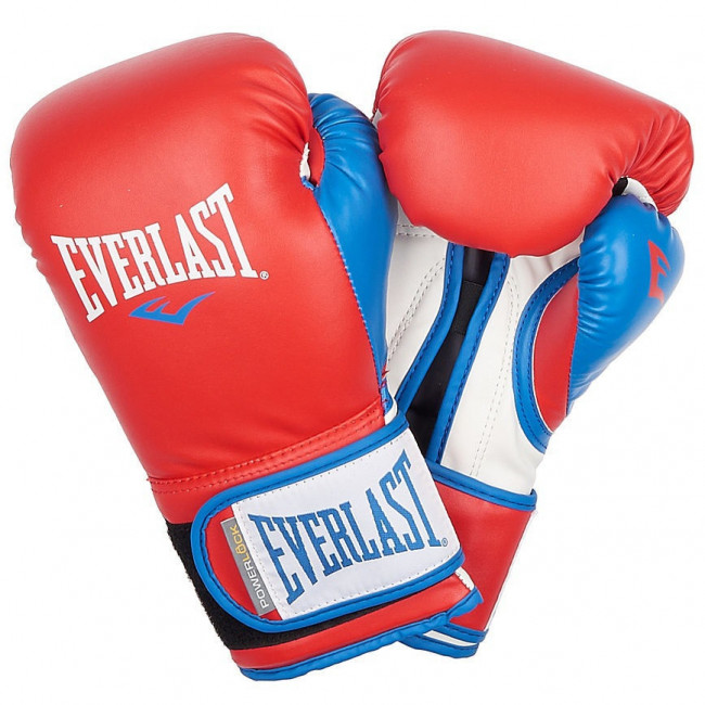 Боксёрские перчатки Everlast PowerLock PU красно-бело-синие цвета